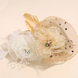 Vintage mesh fascinator hat set with feathers and pearls for bridal party