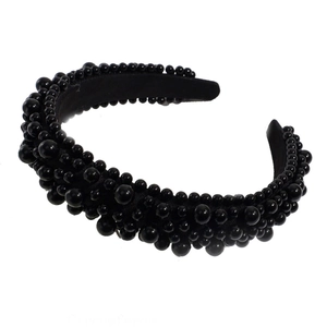Baroque style wide black headband with mixed sizes of glossy beads on padded base