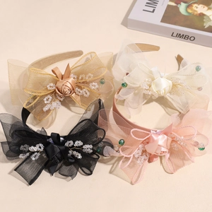 Elegant Mesh Bow Rose Headband With Artificial Crystal Beads Korean Style Hair Hoop Hair Accessories For Wedding Party Women