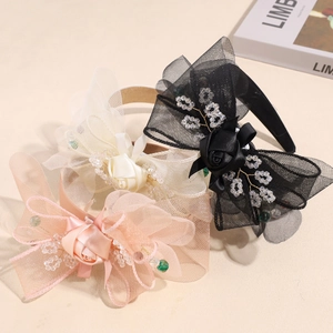 Three-piece set of mesh hairbands with handmade satin roses and crystal embellishments