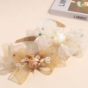 Elegant rose mesh headband with crystal beads and lace bow in cream and coffee tones