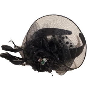 Elegant black fascinator with mesh veil, fabric flower, and feathers for bridal weddings