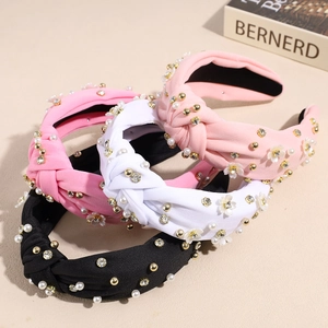 Cerchietto in Tessuto con Nodo per Donna Strass Perla Artificial Sintetica Fiore 3D Cerchietto Largo Vintage Francese Accessorio Capelli