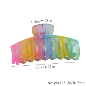 Detail view of large matte rainbow gradient hair claw with product dimensions and weight
