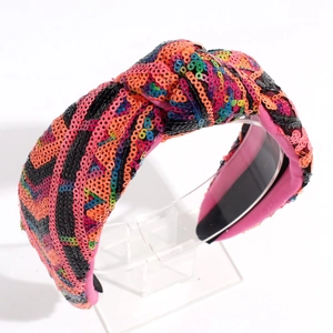 Cerchietto con paillettes colorate e nodo intrecciato con strisce arcobaleno per capelli donna