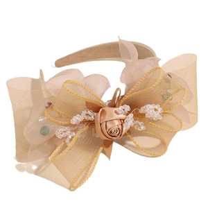 Elegant Korean mesh rose headband with champagne gold bow and crystal accents on white