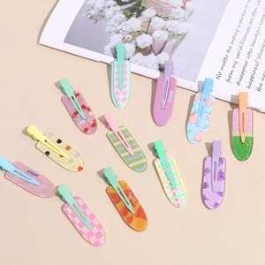 Sweet Jelly Color Acrylic Hair Clips For Women Checkered Fruit Print Duckbill Clips Handmade Hair Accessories
