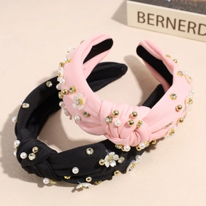Cerchietti annodati alla moda con perle, strass e fiori in tessuto pregiato