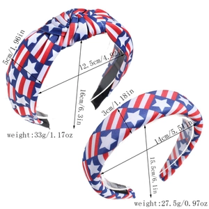 Detailed size chart for American flag wide knotted headband and sponge padded hair hoop
