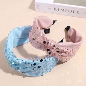 Cerchietti in rete rosa e blu con paillettes e perle, elegante design con nodo