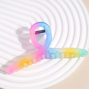 Detail of colorful gradient hair claw clip with rainbow resin finish and metal spring