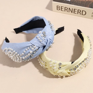 Bandeaux larges torsadés élégants bleu et jaune avec perles et strass pour femmes