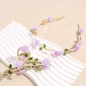 Lila Rose Gold Legierung Haarschmuck Set Harz Blume Künstliche Perlenimitat Waldstil Romantischer Haarreif Haarklammer Für Damen Party