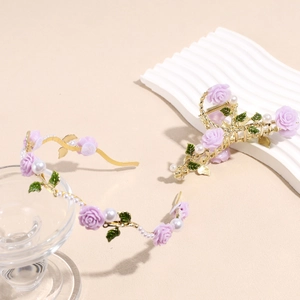 Elegantes lila Rosen-Haarschmuck-Set mit goldenem Metallrahmen und Kunstperlen