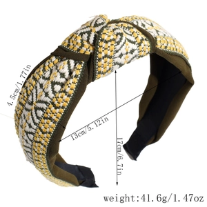 Detail of retro woven wide headband with yellow, white and green geometric pattern