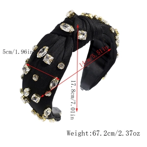 Vue détaillée du serre-tête noué noir avec strass et spécifications de dimensions