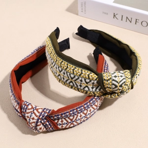Knotted woven headband set in brick red and olive green with vintage pattern and black lining