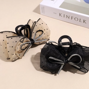 Pinces à cheveux à nœud en maille scintillante avec pois et strass, beige et noir