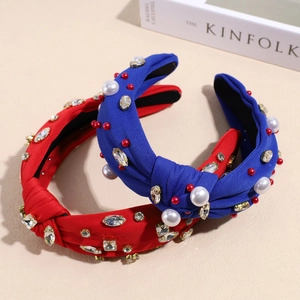 Serre-tête noué baroque avec perles et cristaux en rouge et bleu pour femmes