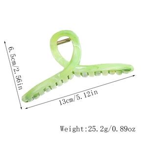 Green marble acetate hair claw clip showing 13cm length and 6.5cm height measurements