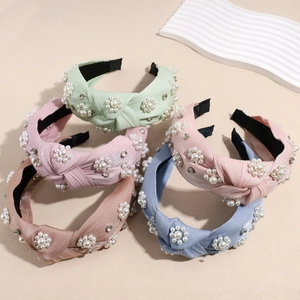 Women Elegant Knotted Wide Fabric Headband With Artificial Pearl Flower And Rhinestone Retro Hairband Party Daily Hair Accessories