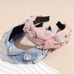 Pink and blue twisted headband set with elegant pearl flower patterns and rhinestones