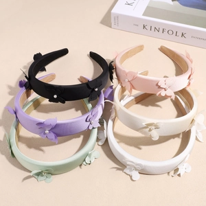 French Style Satin Padded Headband With 3D Butterfly Artificial Pearl Decor High Skull Top Hair Hoop Women Fashion Accessory