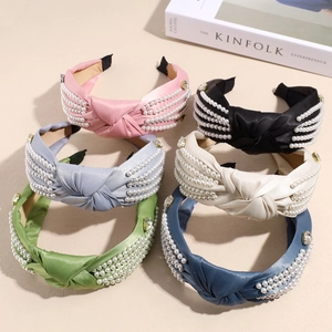 Knotted Satin Wide Headband With Imitation Artificial Pearls And Rhinestones Elegant Fashion Hair Band For Women Hair Accessories