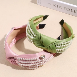 Satin knotted headband with white pearls and sparkling rhinestone for women