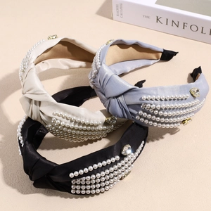 Three knotted wide headbands in black, gray, and beige with pearls and rhinestones decoration