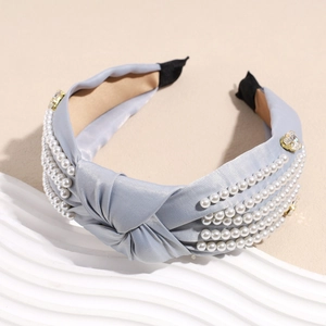 Blue knotted satin headband with elegant pearls and sparkling rhinestones for women