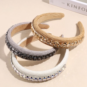 Serre-Tête en Raphia Tissé avec Strass pour Femme Élégant Design Haut Cristal Pave Bandeau Large Antidérapant Accessoires