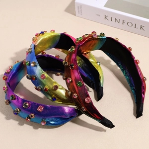 Three-piece set of rainbow metallic headbands with sparkling colorful rhinestones