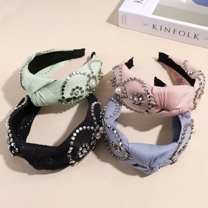 Damen Vintage Geknotet Haarreif Mit Künstliche Perlenimitat Niete Verziert Satin Stoff Mode Haarschmuck Kopfschmuck