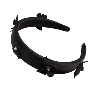 Elegant black padded headband with handcrafted 3D flowers and white pearl accents