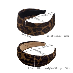 Detailed dimensions of leopard print velvet headbands showing height and weight measurements