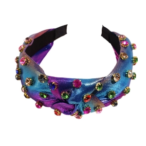 Rainbow rhinestone twisted headband with gradient fabric and gold claw settings