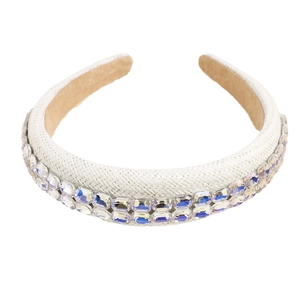 Serre-tête en raphia blanc tressé avec double rangée de strass et design rembourré