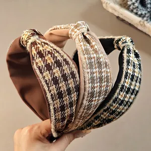 Korean Style Autumn Winter Wide Brim Knot Houndstooth Headband Retro Tweed Fabric Hair Band For Women Hair Accessories