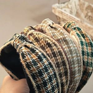 Five-pack of plaid knotted wide headbands in retro autumn colors for women
