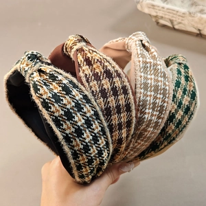Knotted tweed plaid headbands in four colors featuring classic houndstooth vintage texture