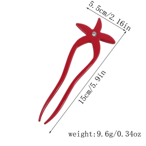 Detail showing dimensions of red starfish U-shaped hairpin with sparkling rhinestone