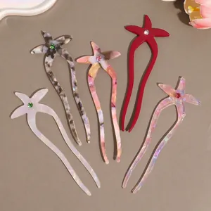 Starfish Acetate U-Shaped Hair Stick With Rhinestone Elegant Marble Texture Hair Fork Accessory For Women Wedding Party