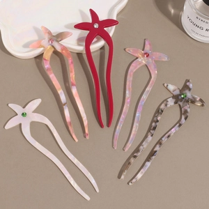 U-shaped acetate starfish hair pins with rhinestones in various marble colors
