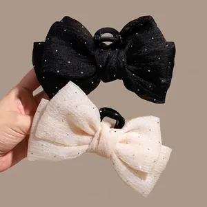 Women Mesh Bow Hair Claw Clip Elegant Rhinestone Shark Clip Polyester Plastic Handmade Hair Accessories For Daily Decor