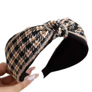 Plaid knotted wide headband with classic houndstooth pattern and fleece trim for women