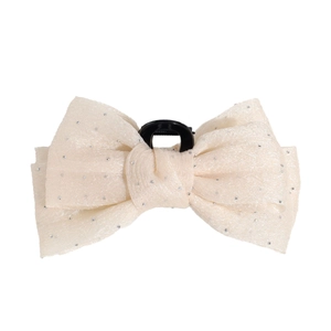 Elegant champagne mesh bow hair claw clip with subtle glitter finish and black base
