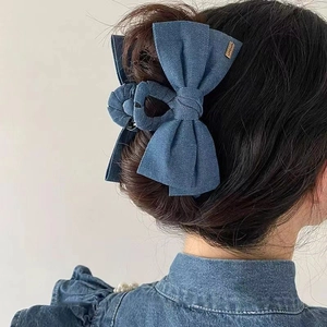 Korean Sweet Denim Bow Hair Claw Vintage Polka Dot Fabric Hair Clip Large Hair Accessories For Women Girls Daily Dating Headwear