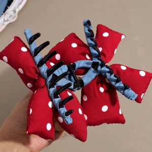 Sweet red polka dot denim bow hair claw clip for women's hairstyling in retro style