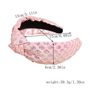 Pink sequin knotted headband detail showing 17cm diameter and 6cm width dimensions